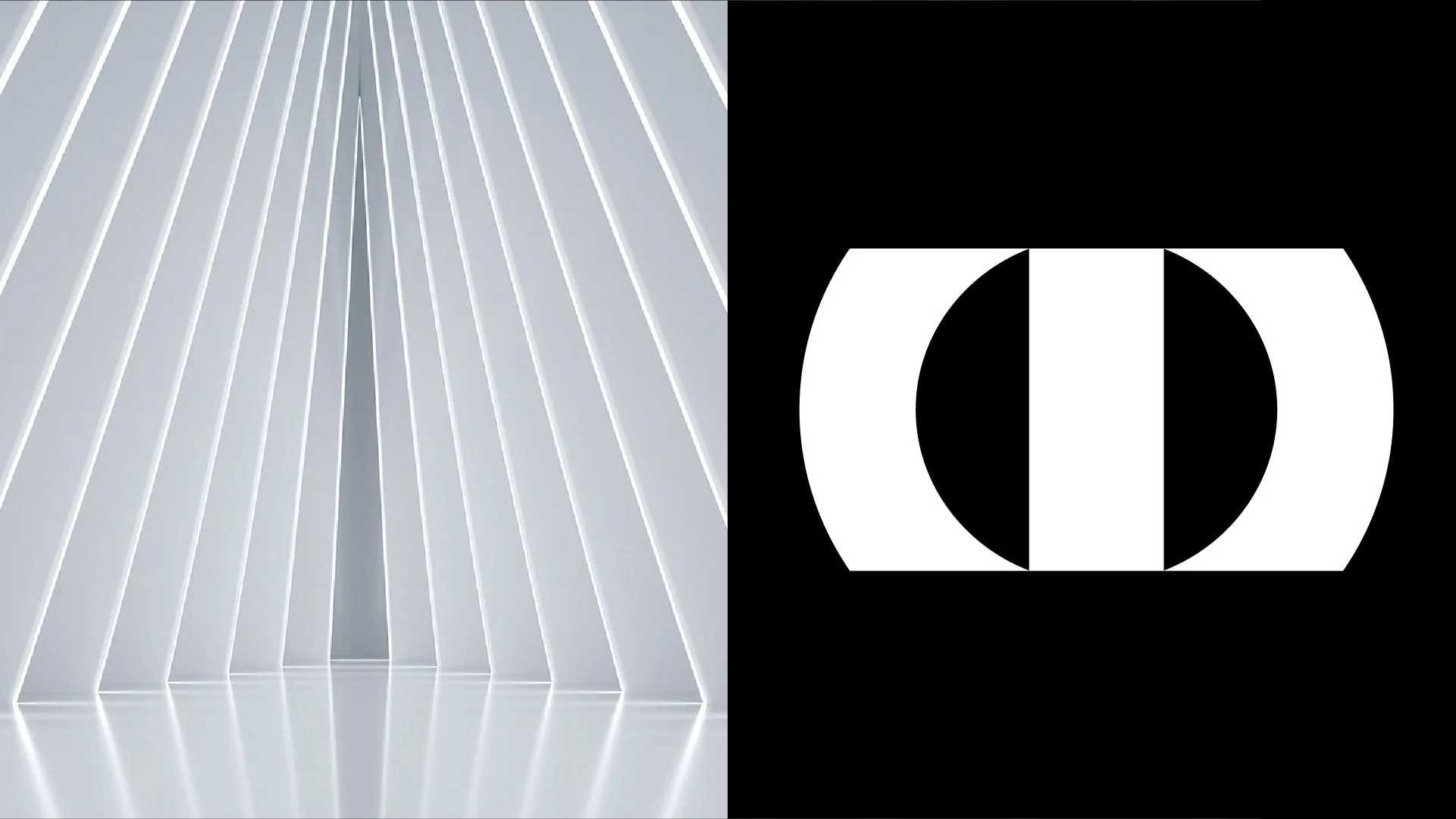 Abstract white architectural panels with vertical glowing light lines forming a symmetrical corridor.