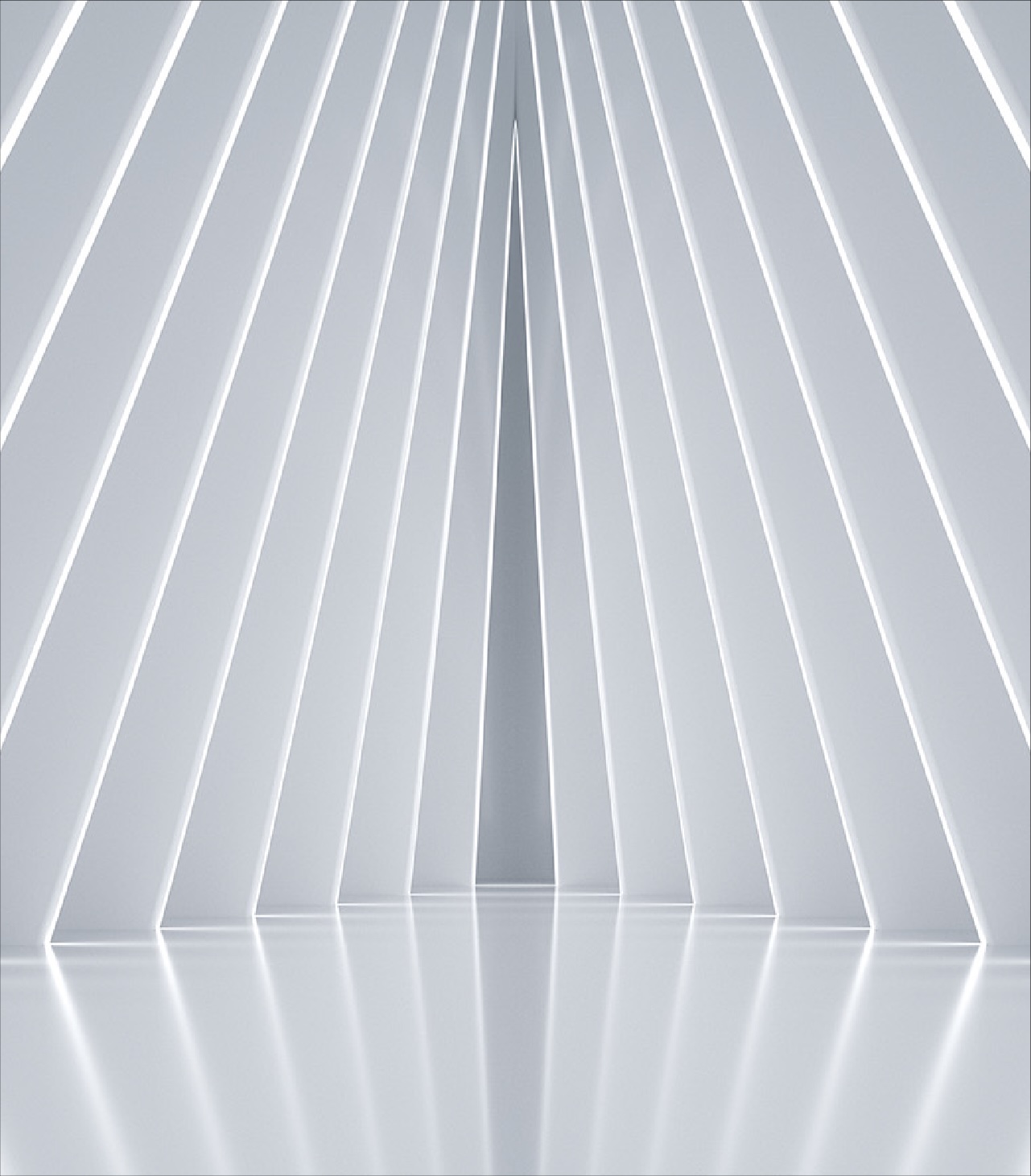 Abstract white architectural panels with vertical glowing light lines forming a symmetrical corridor.