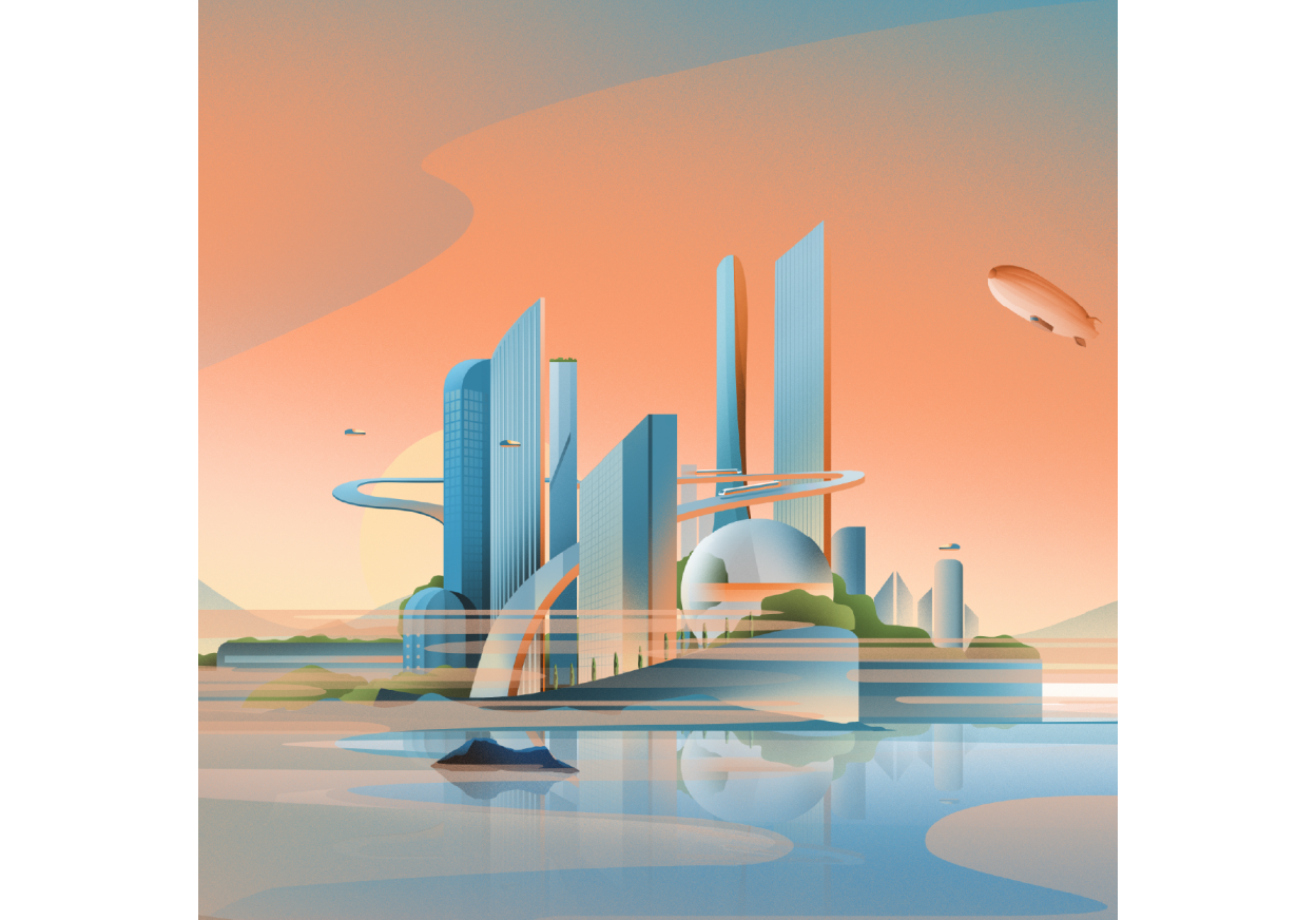 Ilustração de uma cidade futurista ao anoitecer