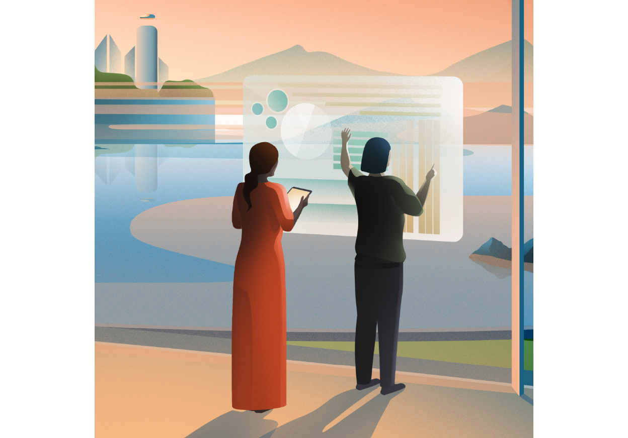 Futuristische Büroszene, in der Geschäftsfrauen einen auf ein Fenster projizierten Analysebildschirm durchsehen.