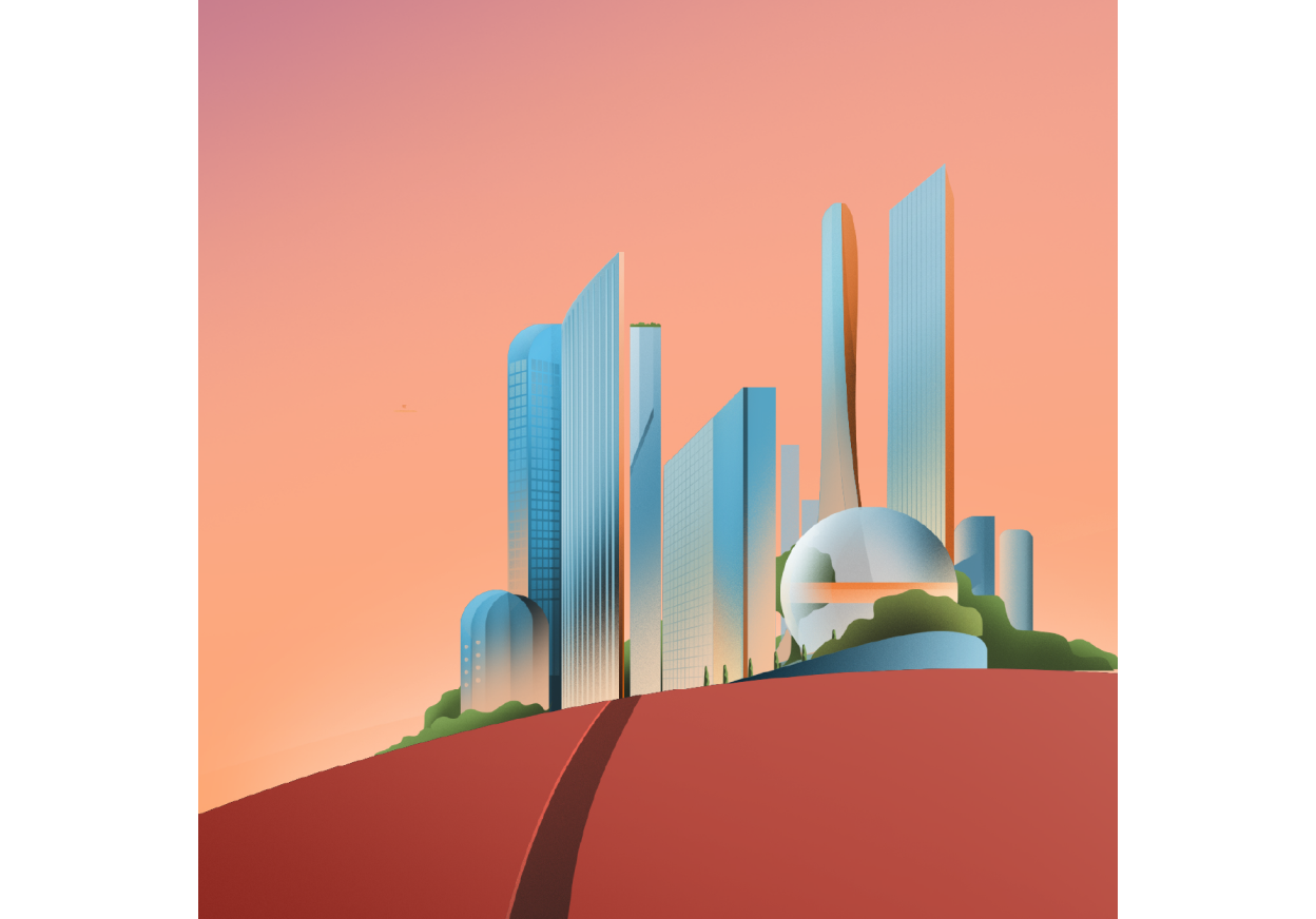 Ilustração de um horizonte urbano futurista em uma colina