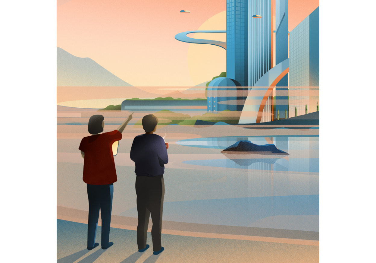 Ilustração em que dois colegas de trabalho discutem ideias em uma paisagem urbana futurista