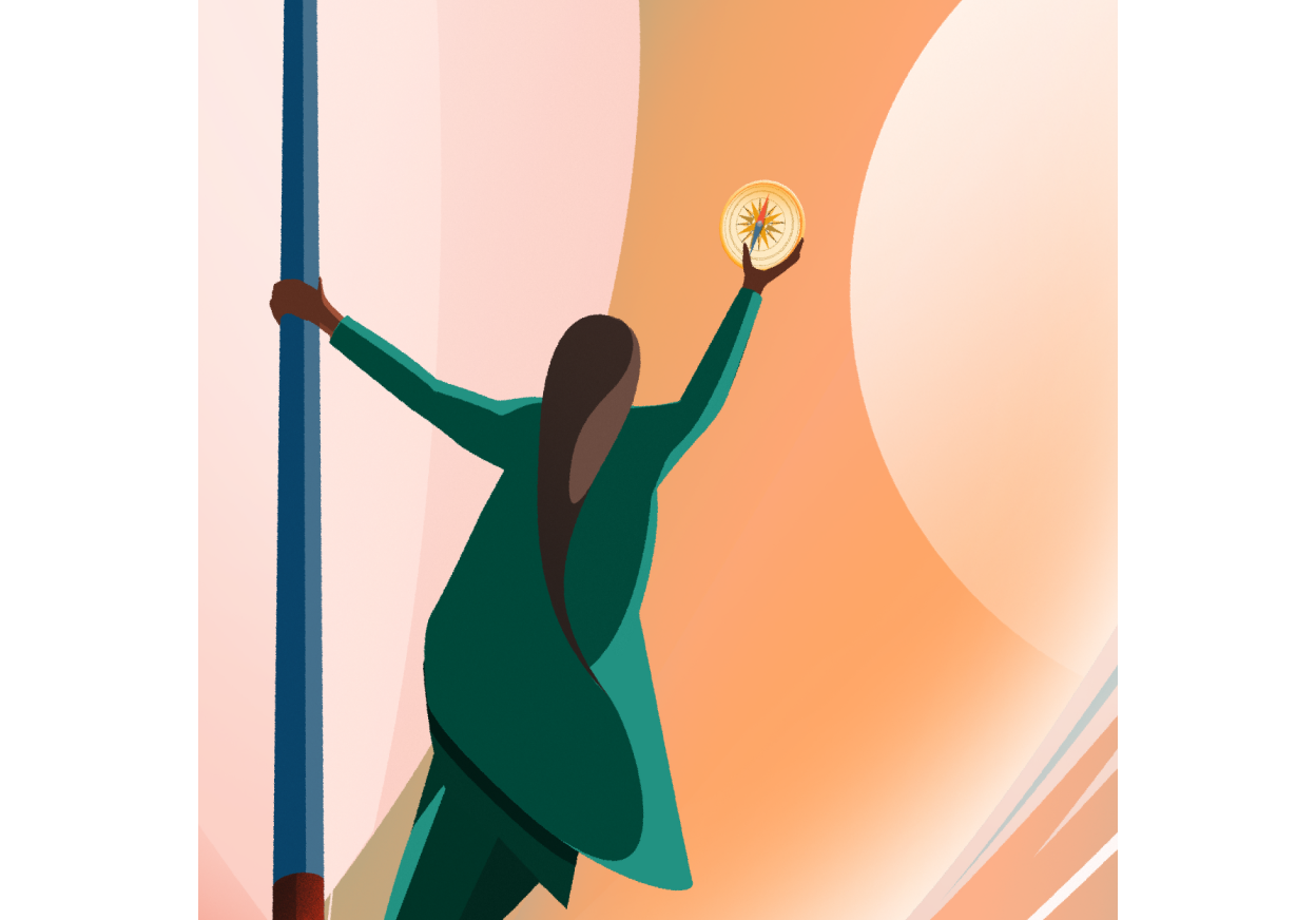 Ilustração de uma mulher usando uma bússola para indicar o caminho a seguir