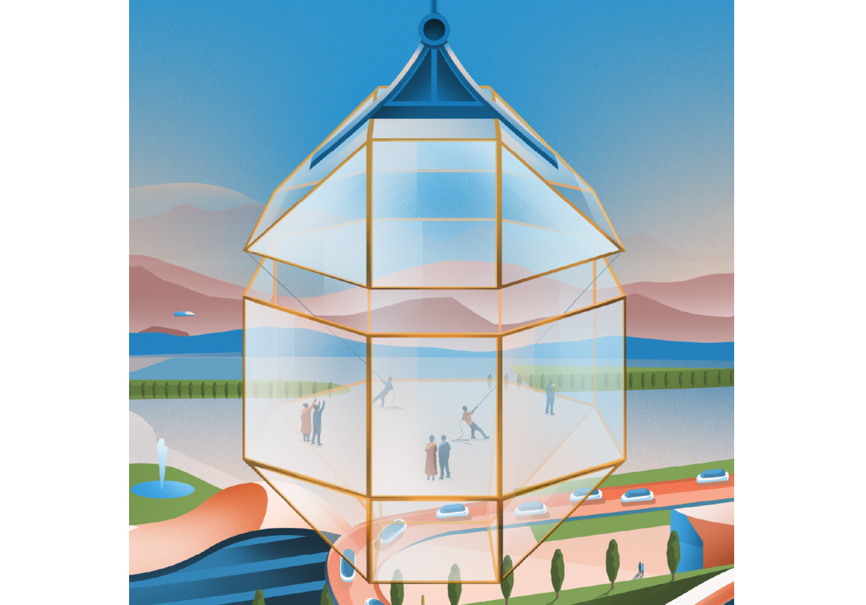 Ilustración donde se ve a una serie de personas trabajando juntas para construir una cúpula de cristal.