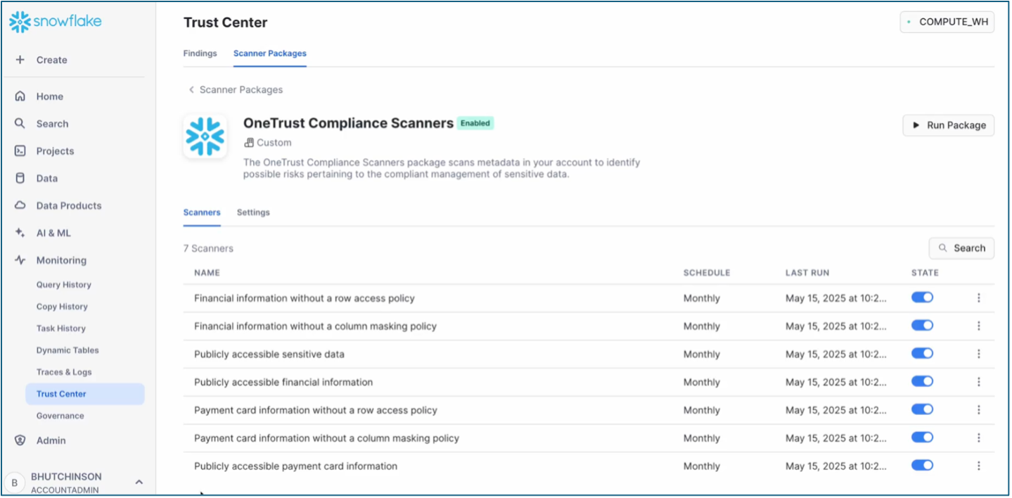ot-screenshot-onetrust-compliance-scanners-screenshot Screenshot showing OneTrust Compliance Scanners on the Snowflake platform