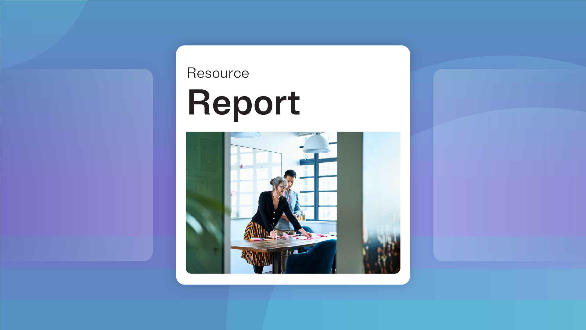 Illustration of a report with an image of two people in a conference room on it atop a multi gradient purple background
