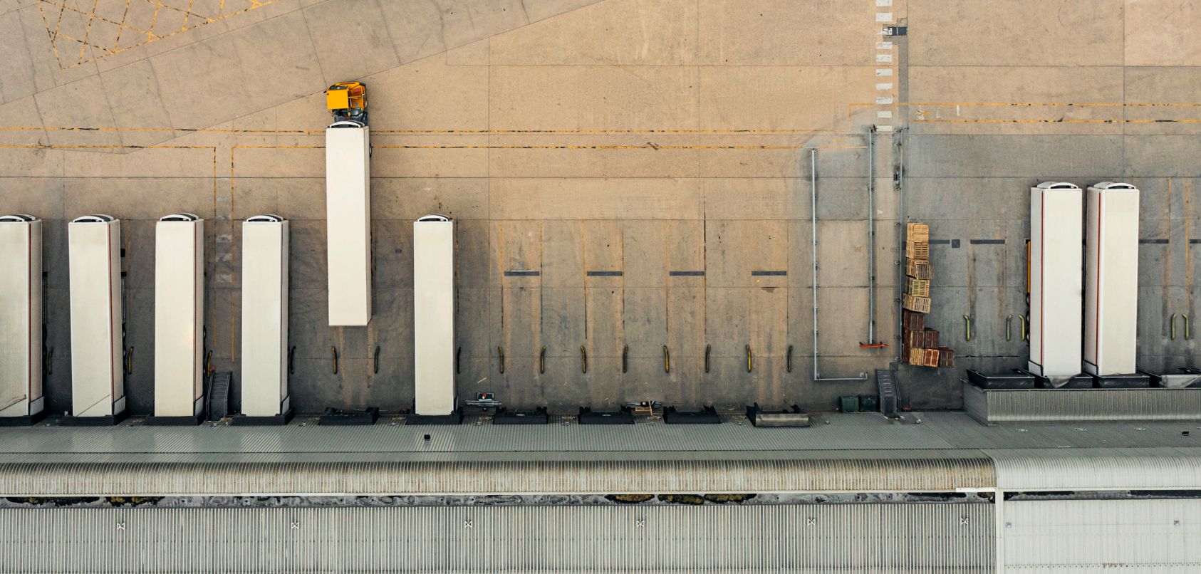 Aerial view of trucks parked at a shipping facility